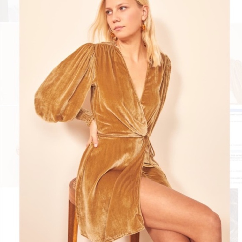 Reformation Gold Velvet Boheme Mini Wrap D…